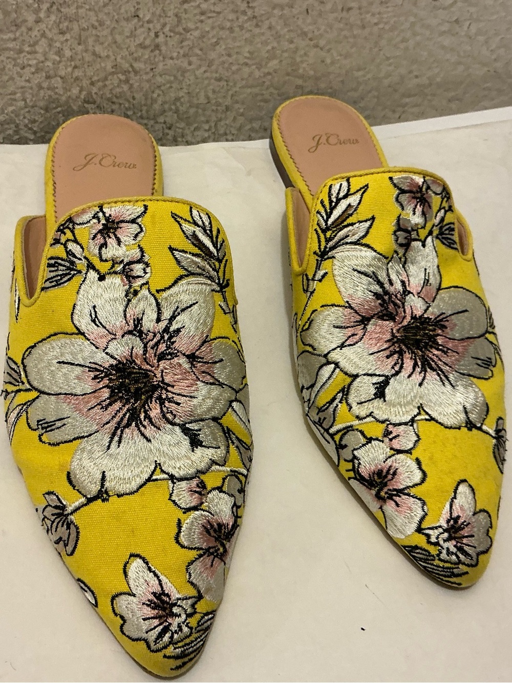 J. Crew Yellow Floral Embroidered Pointed Slip-On Mules size 10